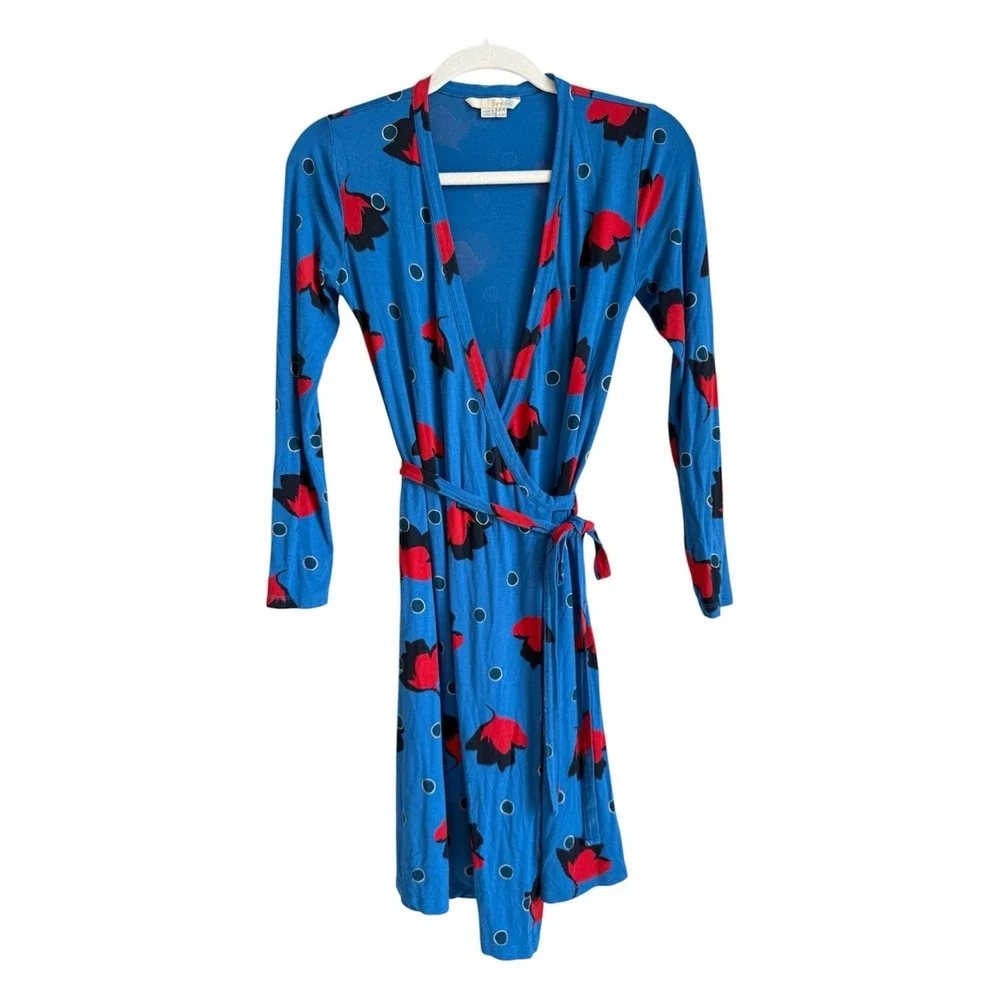 Boden Retro‎ Blue Red Poppy Bloom Floral Jersey Knit Wrap Dress Size 4P Preppy